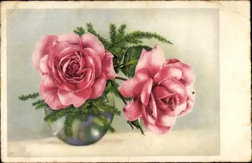 Künstler Ak Zwei Rosa Rosenblüten und Nadelzweige in einer Blumenvase