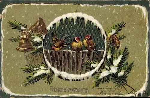 Winter Präge Litho Glückwunsch Weihnachten, Vögel auf einem Zaun, Glocken, Tannenzweige