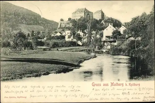 Ak Malberg Rheinland Pfalz, Flusspartie mit Blick auf den Ort