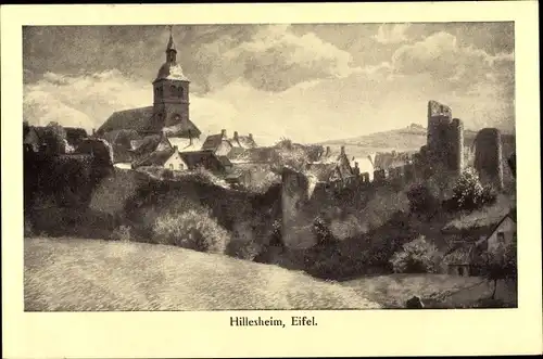Künstler Ak Wille, F., Hillesheim Rheinland Pfalz, Kirche, Panorama vom Ort