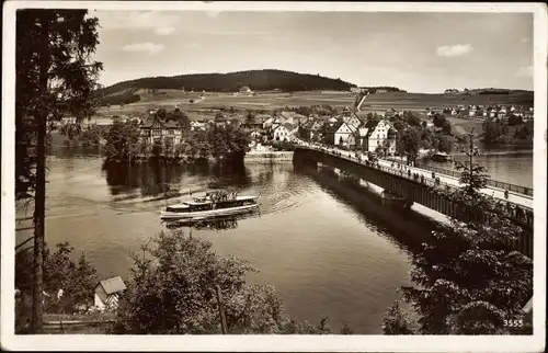 Ak Saalburg Ebersdorf in Thüringen, Brücke und Ortspanorama, Ausflugsdampfer