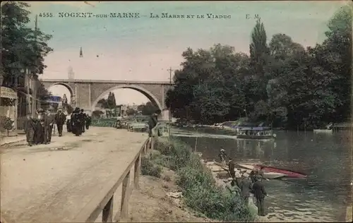 Ak Nogent sur Marne Val de Marne, La Marne et le Viaduc, Uferstraße, Viadukt
