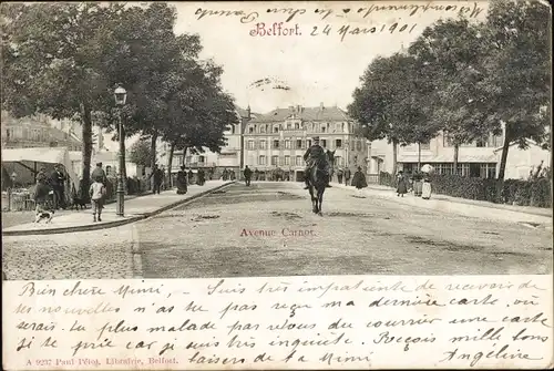 Ak Belfort Territoire de Belfort, Avenue Carnot, Marktstände, berittener Polizist