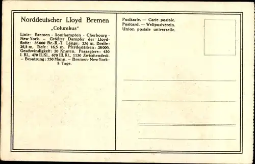 Ak Dampfschiff Columbus, Norddeutscher Lloyd Bremen, Doppelschrauben Salondampfer