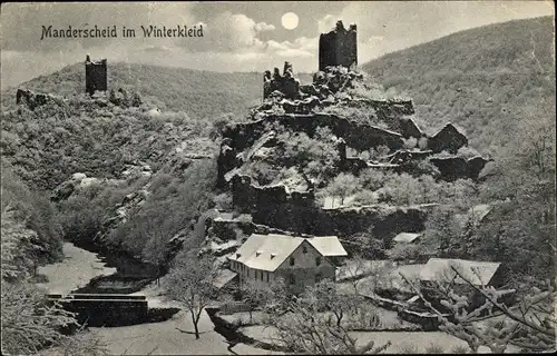 Ak Manderscheid in der Eifel Rheinland Pfalz, Ort im Winter, Burgruinen
