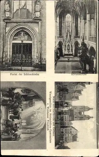 Ak Lutherstadt Wittenberg, Portal der Schlosskirche, Markt, Rathaus, Wandgemälde