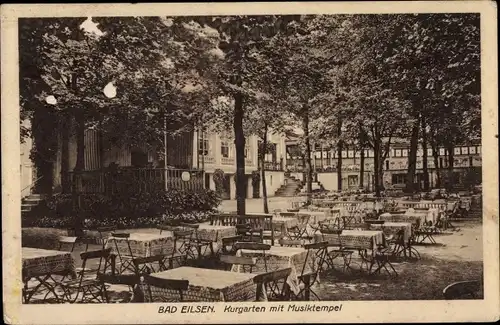 Ak Bad Eilsen in Niedersachsen, Kurgarten mit Musiktempel, Terrasse, Tische