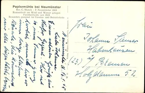 Ak Neumünster in Schleswig Holstein, Papiermühle, Bes. C. Blunck, Uferblick, Panorama