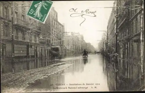 Ak Clichy Hauts de Seine, Inondations 1910, Le Boulevard National, Hochwasser, Geschäftsstraße