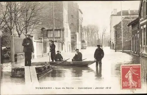 Ak Suresnes Hauts de Seine, Rue de Seine, Inondations 1910, Hochwasser, Anwohner im Boot