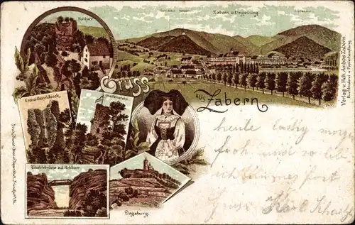 Litho Saverne Zabern Elsass Bas Rhin, Hohbarr, Greifenstein, Dagsburg,Teufelsbrücke, Elsässer Tracht