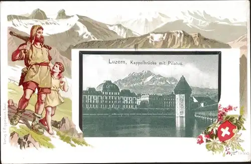 Wappen Passepartout Ak Luzern Stadt Schweiz, Kappelbrücke, Pilatus, Wilhelm Tell