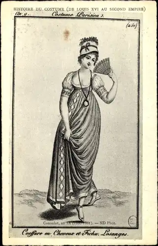 Künstler Ak Histoire du Costume de Louis XVI au Second Empire, Frau mit Hut und Fächer