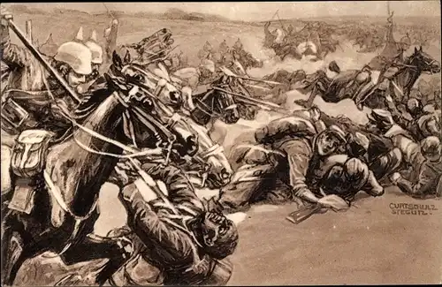 Künstler Ak Schulz-Steglitz, Curt, Kavallerie Attacke bei Soissons, I. WK
