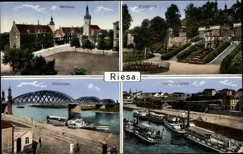 Ak Riesa an der Elbe Sachsen, Rathaus, Stadtpark, Elbbrücke, Landungsplatz