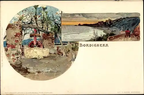 Künstler Litho Wielandt, Manuel, Bordighera Liguria, Küstenpanorama, Mühlrad, Wassermühle