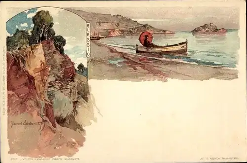 Künstler Litho Wielandt, Manuel, Alassio Liguria, Dame mit Schirm im Boot an der Küste, Felspartie