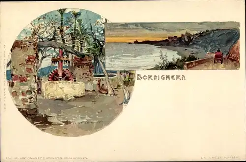 Künstler Litho Wielandt, Manuel, Bordighera Liguria, Küstenstraße, Wassermühle, Mühlrad
