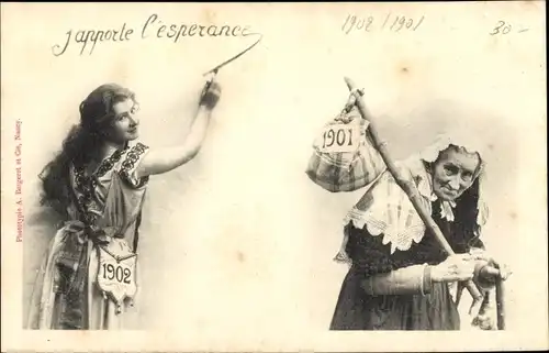 Ak J'apporte l'espérance, Glückwunsch Neujahr, Jahreszahlen 1901, 1902, Junge Frau, Alte Dame