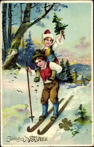 Präge Ak Glückwunsch Neujahr, Skifahrer, Kleeblatt, Winterszene