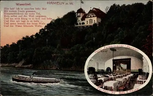 Ak Hameln in Niedersachsen, Hotel Felsenkeller Pension, Bes. G. Reuter, Speisesaal, Weserlied