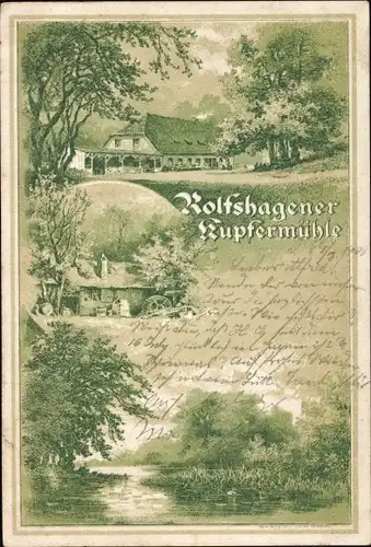 Litho Tremsbüttel in Schleswig Holstein, Rolfshagener Kupfermühle, Seeblick, Wassermühle