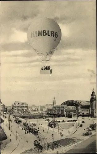 Ak Hamburg, Heißluftballon, Straßenbahn, Brücke, Boot, Jungfernstieg