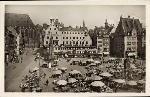 Ak Nürnberg in Mittelfranken Bayern, Hauptmarkt, Brunnen, Stände, G. Georg Meier & Co., Passanten