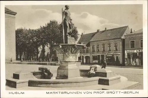 Ak Husum in Nordfriesland, Marktbrunnen v. Prof. Brütt, Chr. Rohde Schlachtermeister, GMG Wollwaren