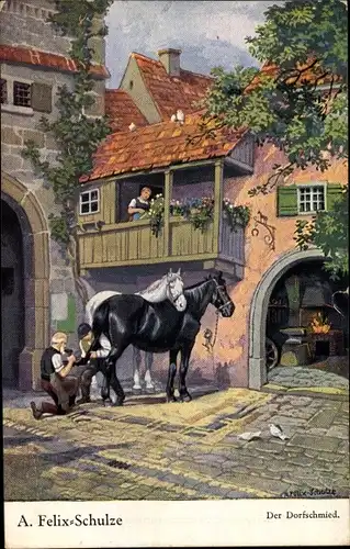 Künstler Ak Felix Schulze, A., Der Dorfschmied, Hufschmied beim Beschlagen von Pferden