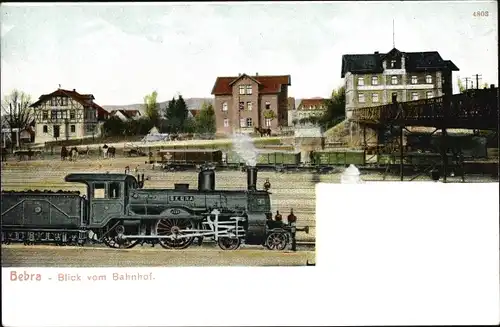 Ak Bebra an der Fulda in Hessen, Blick vom Bahnhof, Lokomotive, Eisenbahnbrücke, Wagons, Wohnhäuser