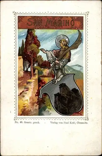Wappen Ak San Marino, Mönch, Palmenblatt, Stechhelm