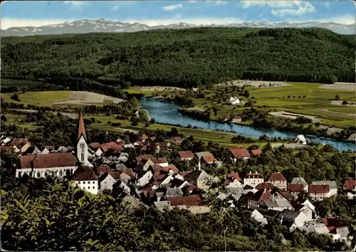 Ak Gailingen am Hochrhein, Fliegeraufnahme vom Ort, Fluss, Wald, Berge