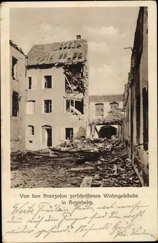 Ak Cernay Sennheim Elsass Haut Rhin, Von den Franzosen zerschossenes Wohngebäude, I. WK