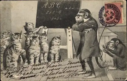 Künstler Ak Vermenschlichte Hauskatzen und Affen, Schulklasse, Unterricht