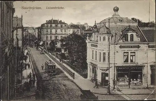 Ak Saarbrücken im Saarland, Luisenbrücke, Geschäft Leonhard Bauer