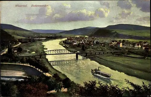 Ak Bodenwerder in Niedersachsen, Totalansicht, Blick über das Wesertal, Weserbrücke, Dampfer