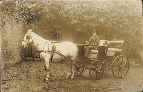 Foto Ak Mann auf einer Pferdekutsche, Weißes Pferd