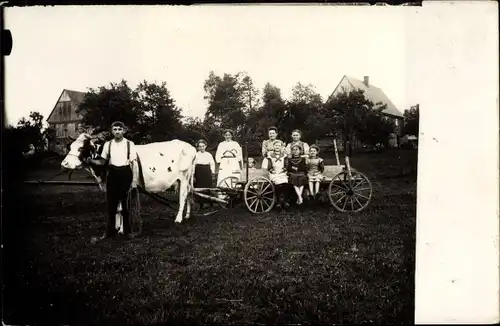 Foto Ak Rinderwagen, Kinder, Szene vom Bauernhof