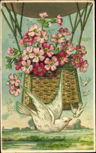 Präge Litho Glückwunsch Namenstag, Heißluftballon, Korb mit Blumen, Tauben