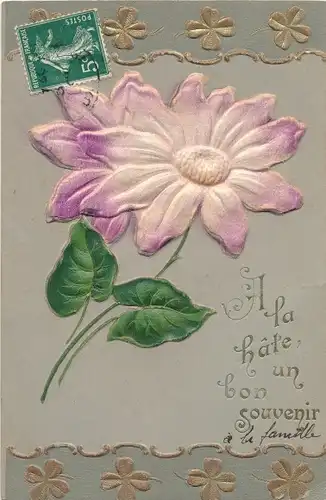 Relief Stoff Ak A la hate un bon souvenir, Blume, lila Blüte, Blätter