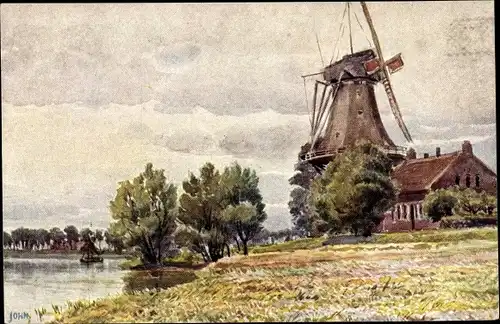 Künstler Ak John, Eugen, Ostfriesische Mühle, Windmühle, Uferpartie