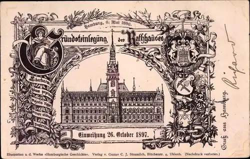 Litho Hamburg Mitte Altstadt, Grundsteinlegung vom Rathaus, Einweihung 27.10.1897