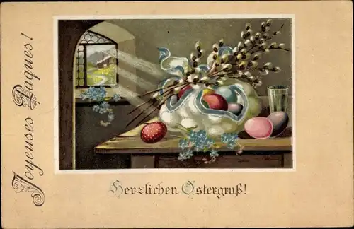 Ak Glückwunsch Ostern, Ostereier, Weidenkätzchen