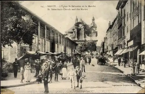 Ak Nancy Meurthe et Moselle Lothringen, L'Église St. Sébastien et le Marché