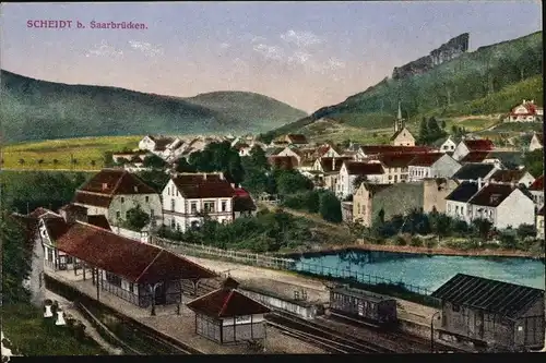 Ak Scheidt Saarbrücken im Saarland, Panorama vom Ort, Bahnhof, Gleisansicht, Güterwagon