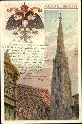 Künstler Wappen Litho Wien 1. Innere Stadt Österreich, Kirche, Kirchturm