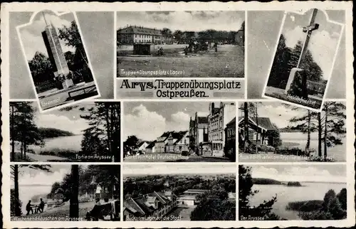 Ak Orzysz Arys Ostpreußen, Truppenübungsplatz, Ehrenmal, Lager, Heldenfriedhof, Markt, Aryssee