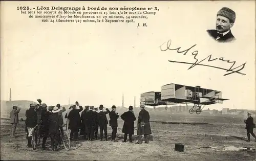 Ak Léon Delagrange à bord de son aéroplane No 3, Flugpionier