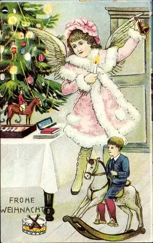 Ak Frohe Weihnachten, Engel, Kind auf einem Schaukelpferd, Tannenbaum